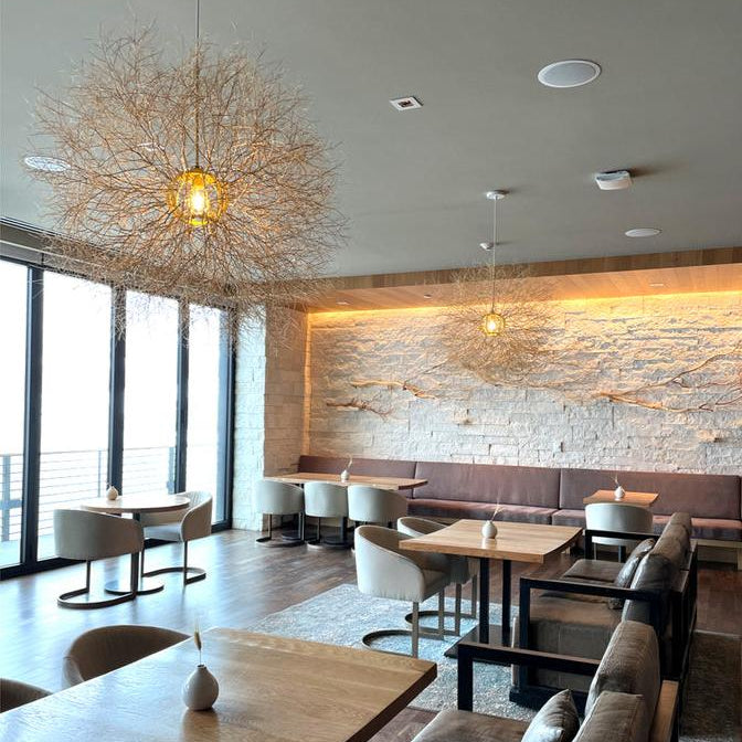 Tumbleweed pendants by Owen Mortensen. Lifestyle shot The Lodge at Blue Sky in Park City, Utah.